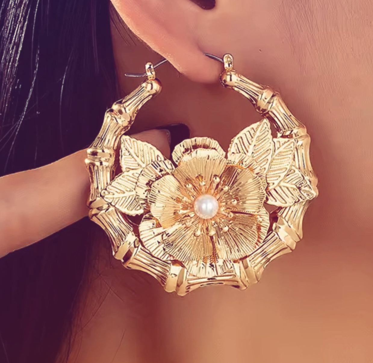 Round Pearl Flower Bamboo Earrings