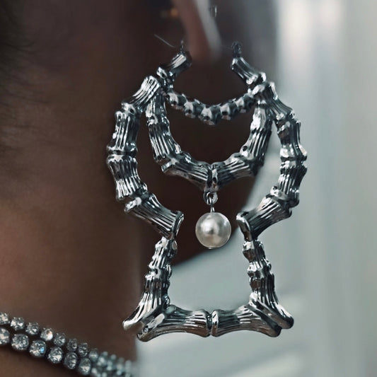 Silver Pearl Bamboo Earrings