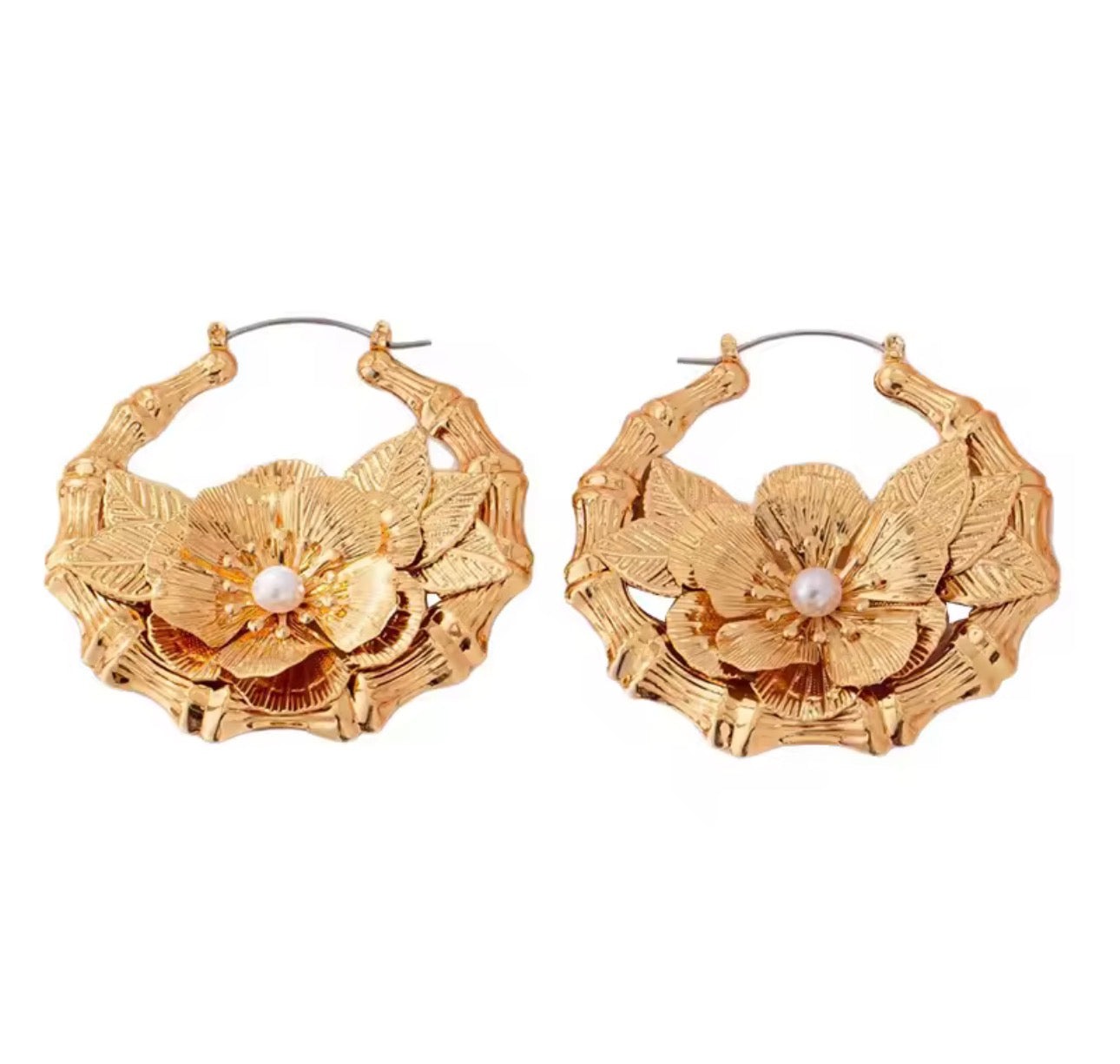 Round Pearl Flower Bamboo Earrings