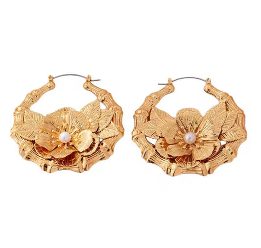 Round Pearl Flower Bamboo Earrings