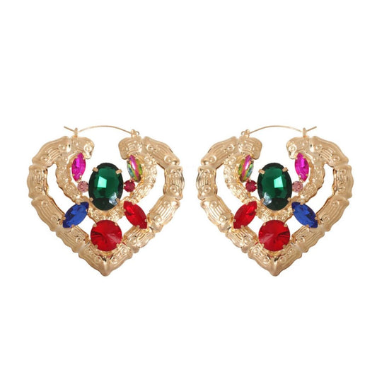 Double Heart Rhinestone Bamboo Earrings